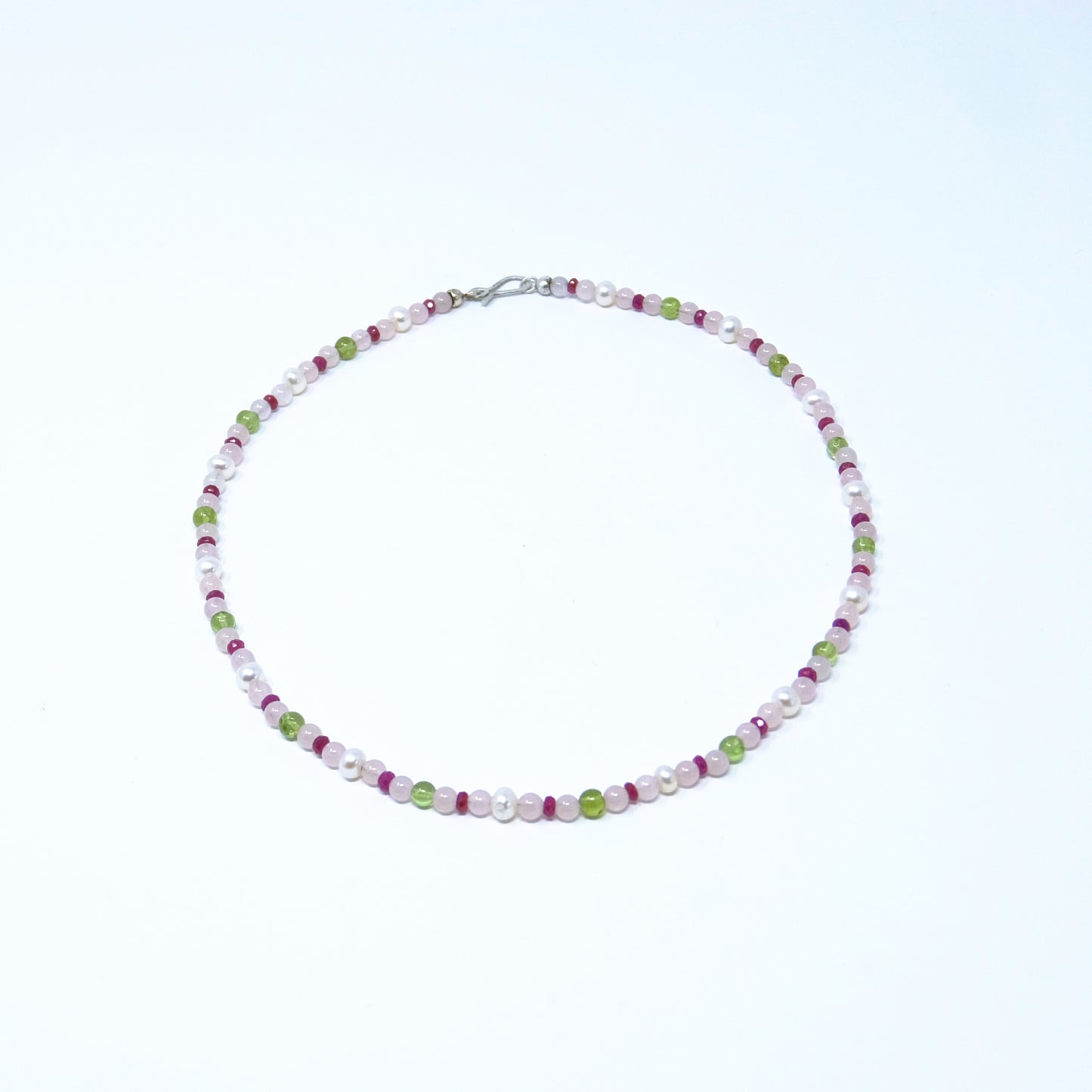 Collier Rosenquarz-Rubin-Peridot-Perle-925 Silber