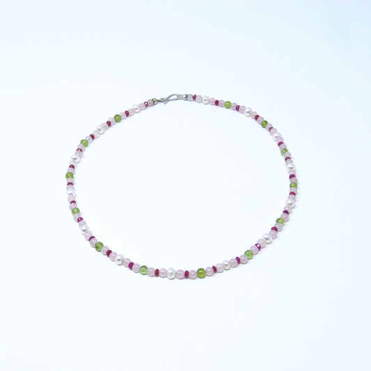 Collier Rosenquarz-Rubin-Peridot-Perle-925 Silber