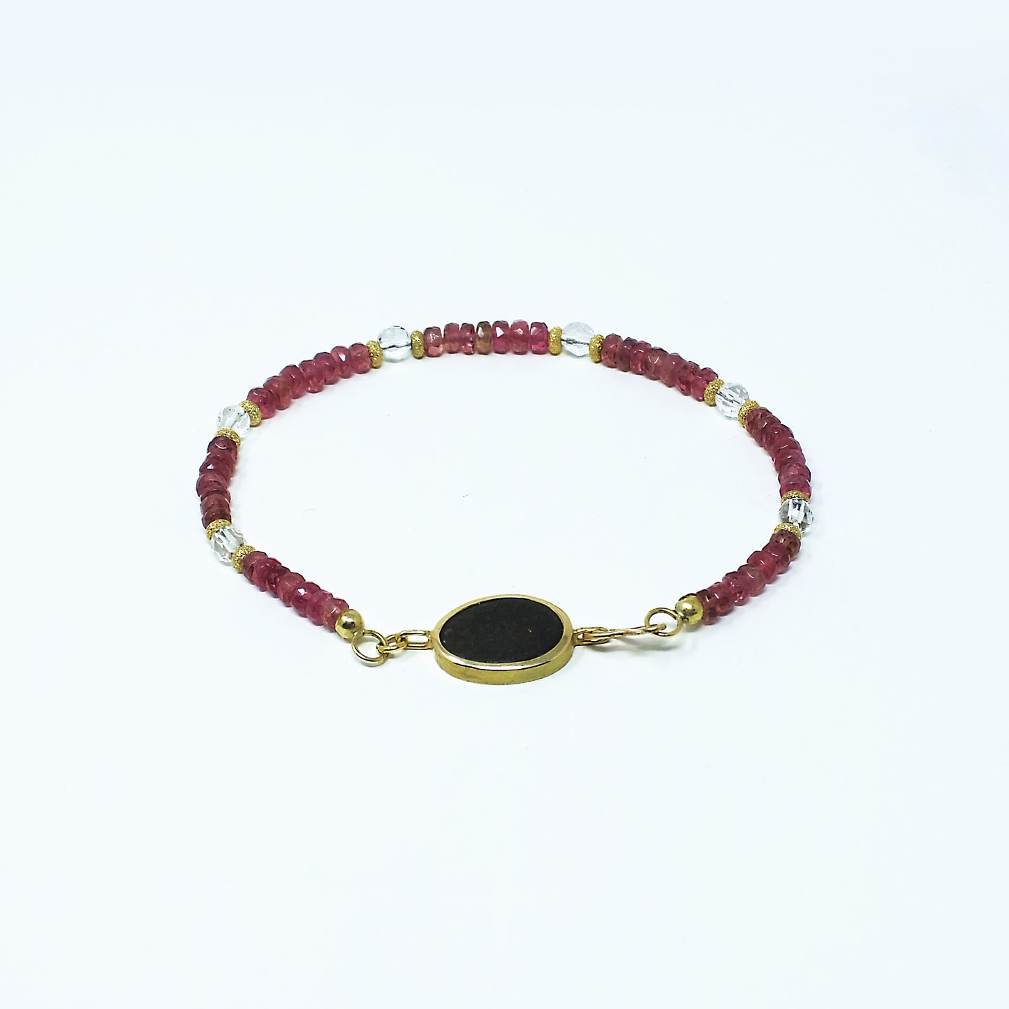 „Rheinkiesel einmal anders!“ - Rosa Turmalin-Armband mit Rheinkiesel - Bergkristall - 750 Gelbgold - Unikat