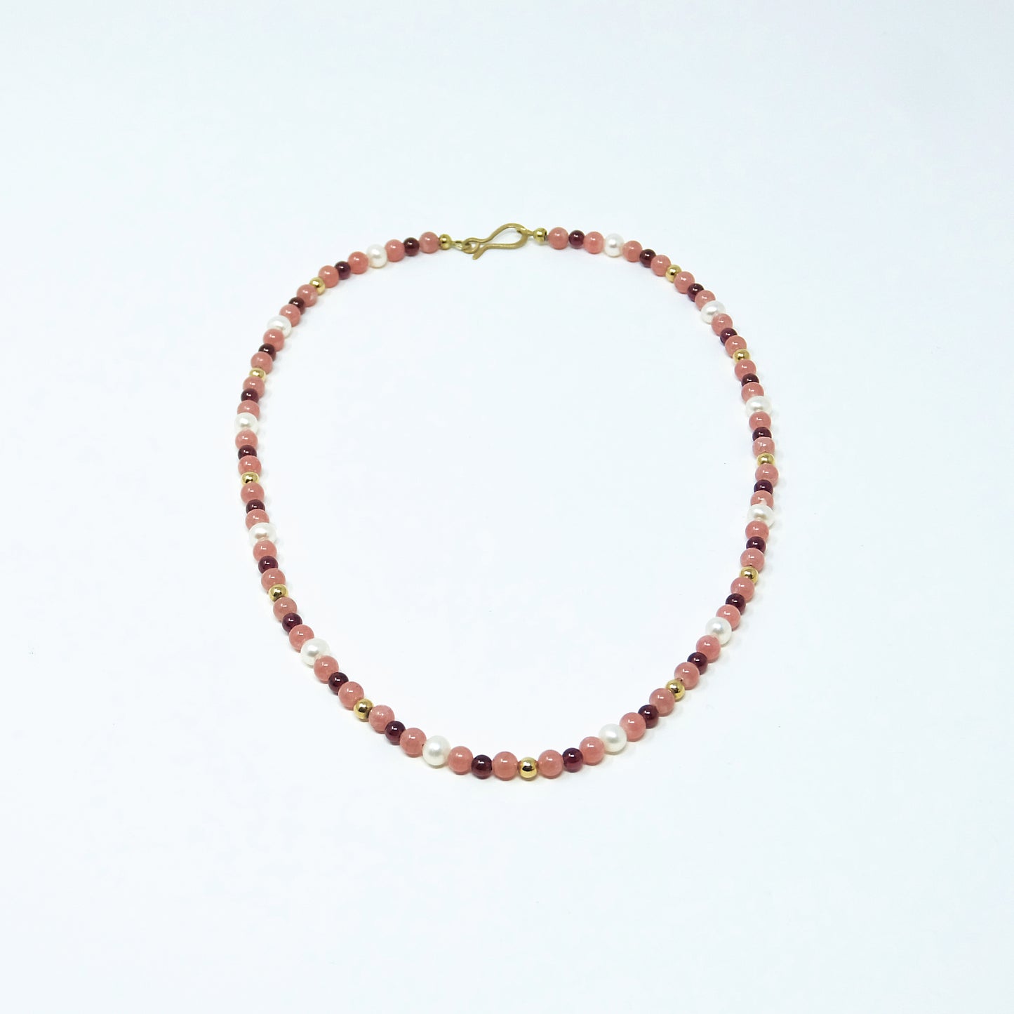 Collier aus Rhodonit - Zuchtperlen - Granat - 750 Gelbgoldkugeln - Unikat