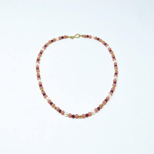 Collier aus Rhodonit - Zuchtperlen - Granat - 750 Gelbgoldkugeln - Unikat
