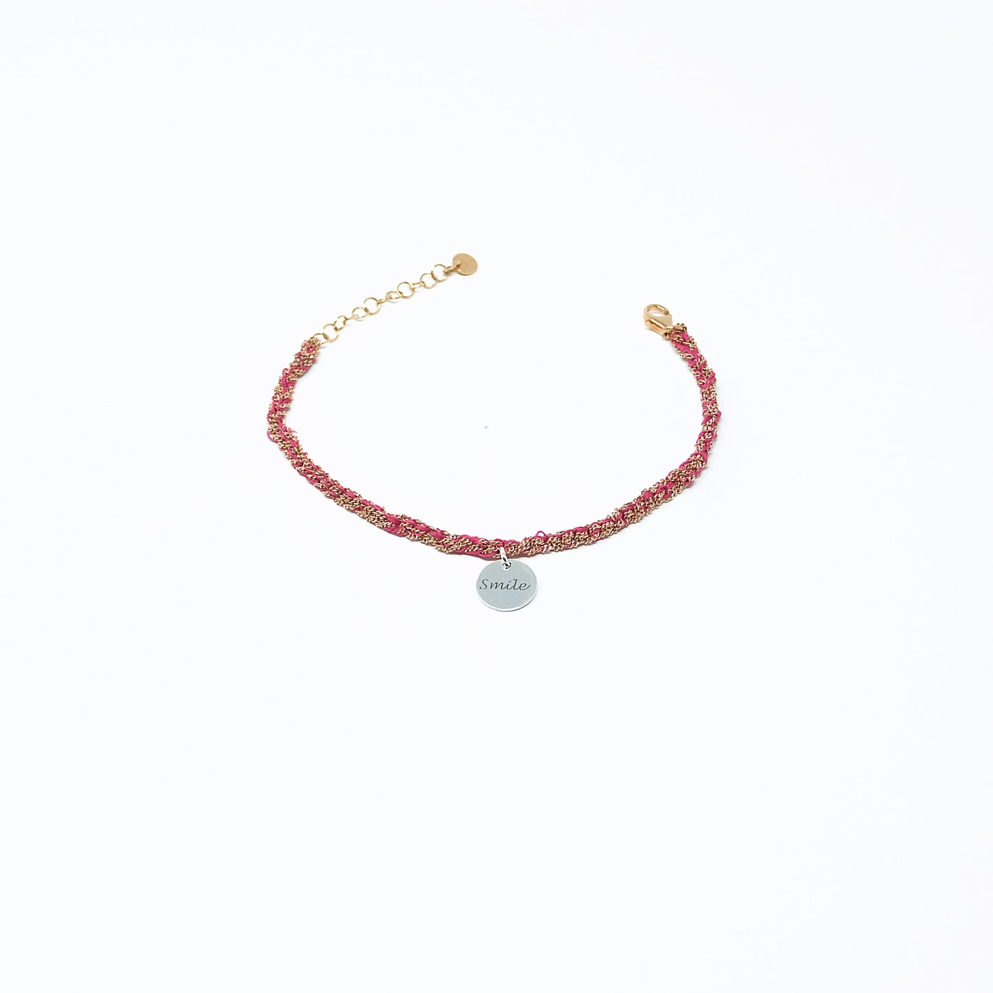 Armband geflochten aus Seide (pink) und Sterlingsilber-rosé - vergoldet mit Sterlingsilber-Anhänger (Smile)