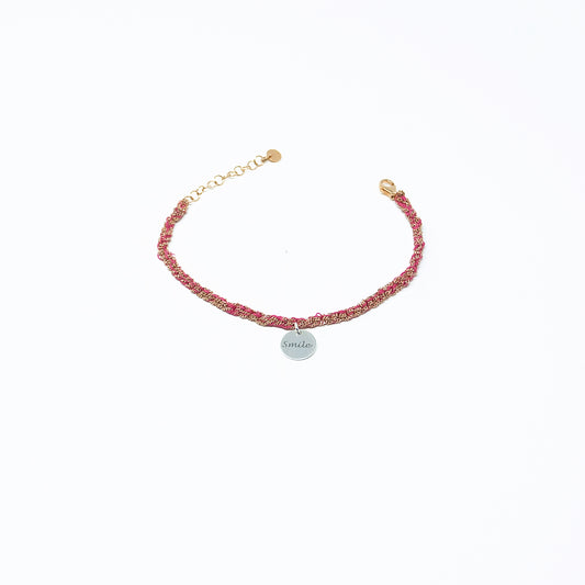 Armband geflochten aus Seide (pink) und Sterlingsilber-rosé - vergoldet mit Sterlingsilber-Anhänger (Smile)