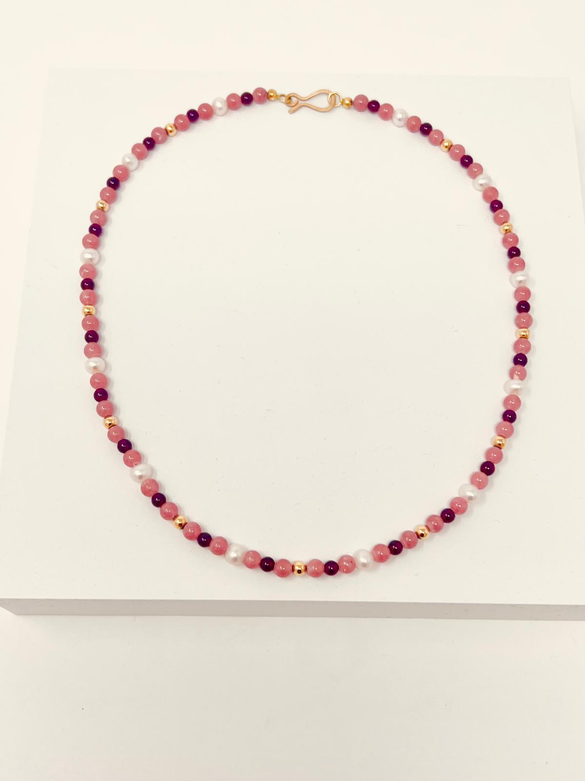 Collier aus Rhodonit - Zuchtperlen - Granat - 750 Gelbgoldkugeln - Unikat
