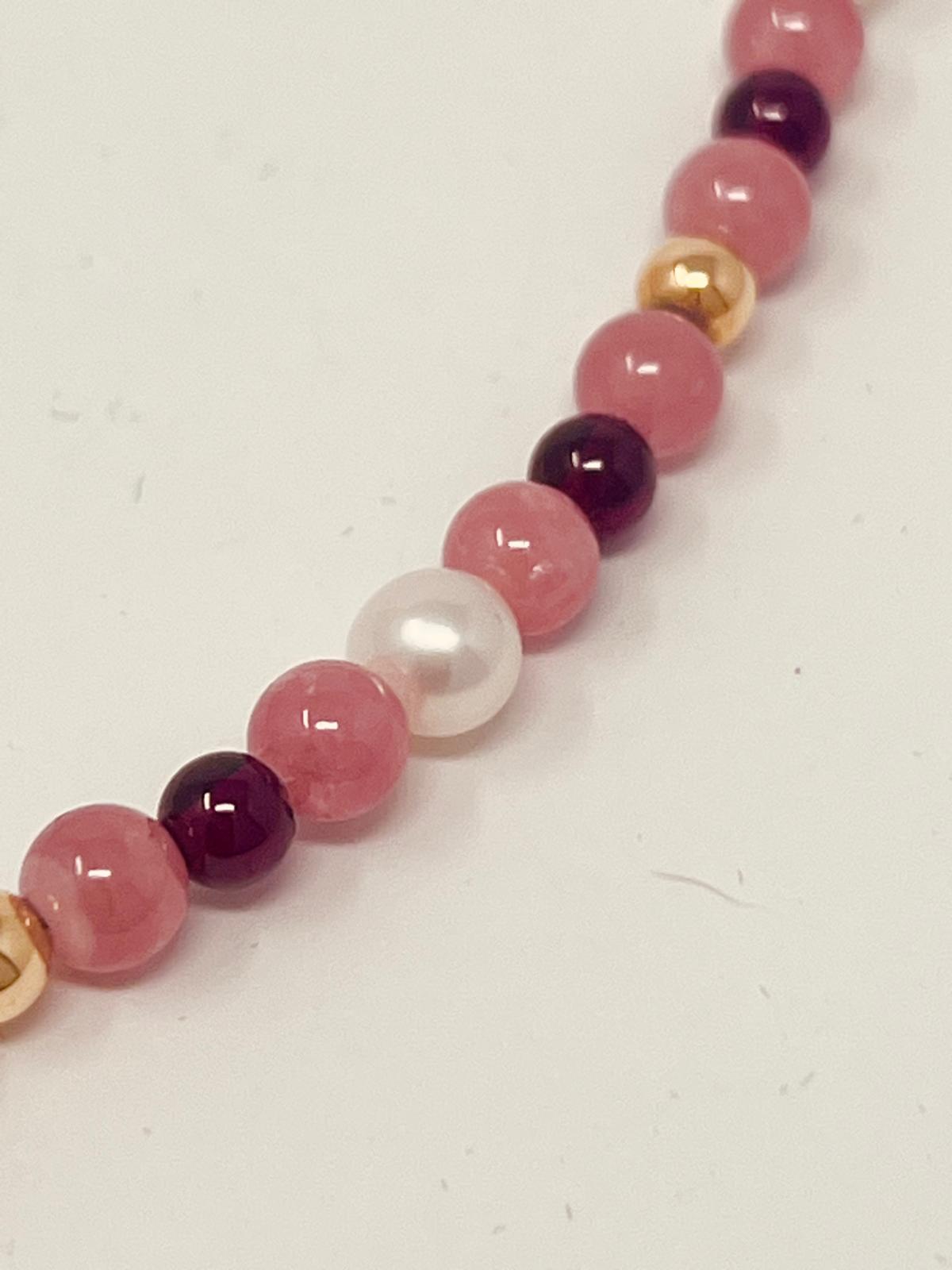 Collier aus Rhodonit - Zuchtperlen - Granat - 750 Gelbgoldkugeln - Unikat