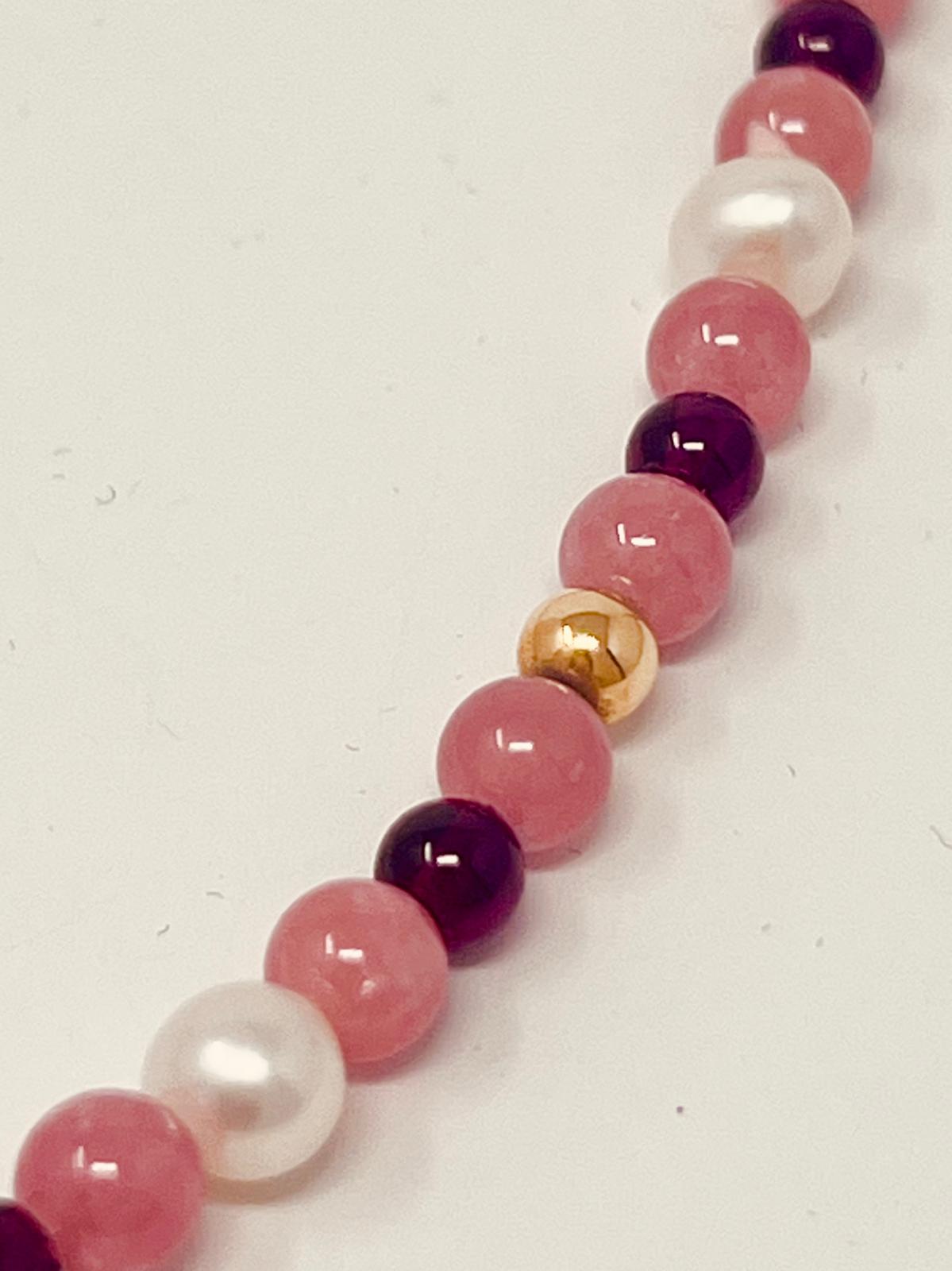 Collier aus Rhodonit - Zuchtperlen - Granat - 750 Gelbgoldkugeln - Unikat